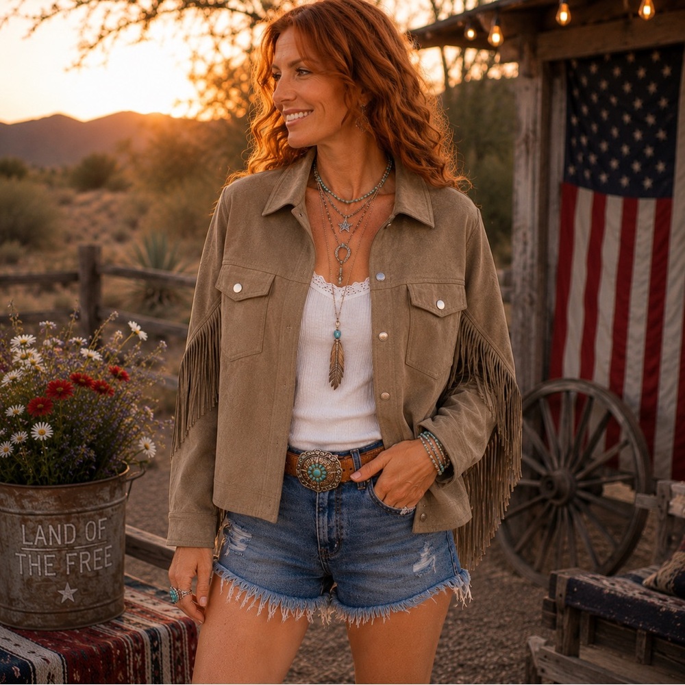 Peach Love California Faux Suede Fringe Western Cropped Shacket Jacket Size S - Picture 2 of 8